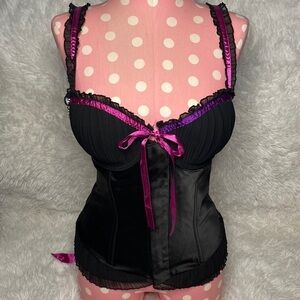 Playboy black satin 2 tone pink & purple ribbon detail corset top